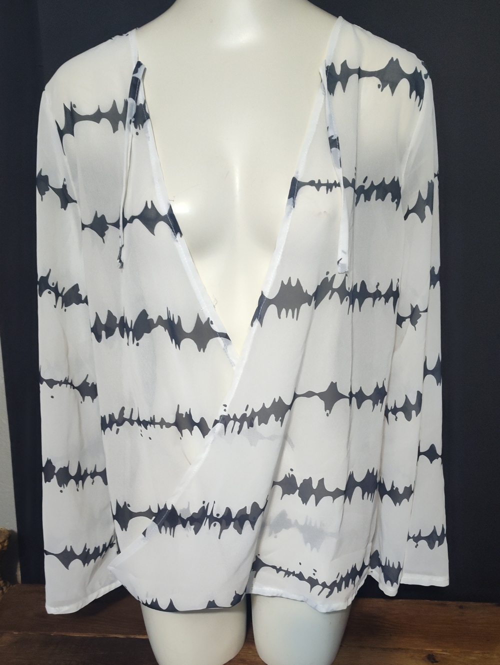 Women’s White & Black Printed Sheer Blouse With Winged Sleeve